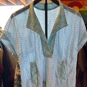 Rekha Datta Blue Geometric Print Short Sleeve Tunic Top- Large